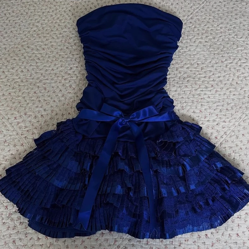 オリジナルレトロ新婦人服 2025 夏ブルーボウチューブトップドレスセクシーな気質ウエスト薄い A ラインショートドレスレディース