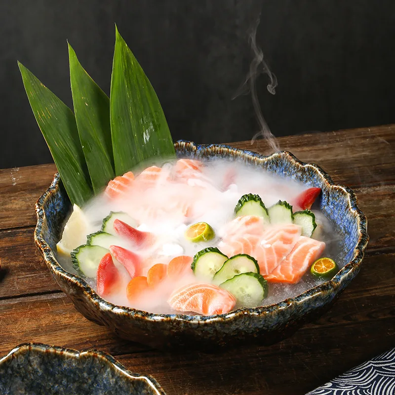 

Ceramic Dry Ice Sashimi Plate Salmon Salad Special Dining Plate High-end Commercial Seafood Platter Japanese Tableware Wholesale