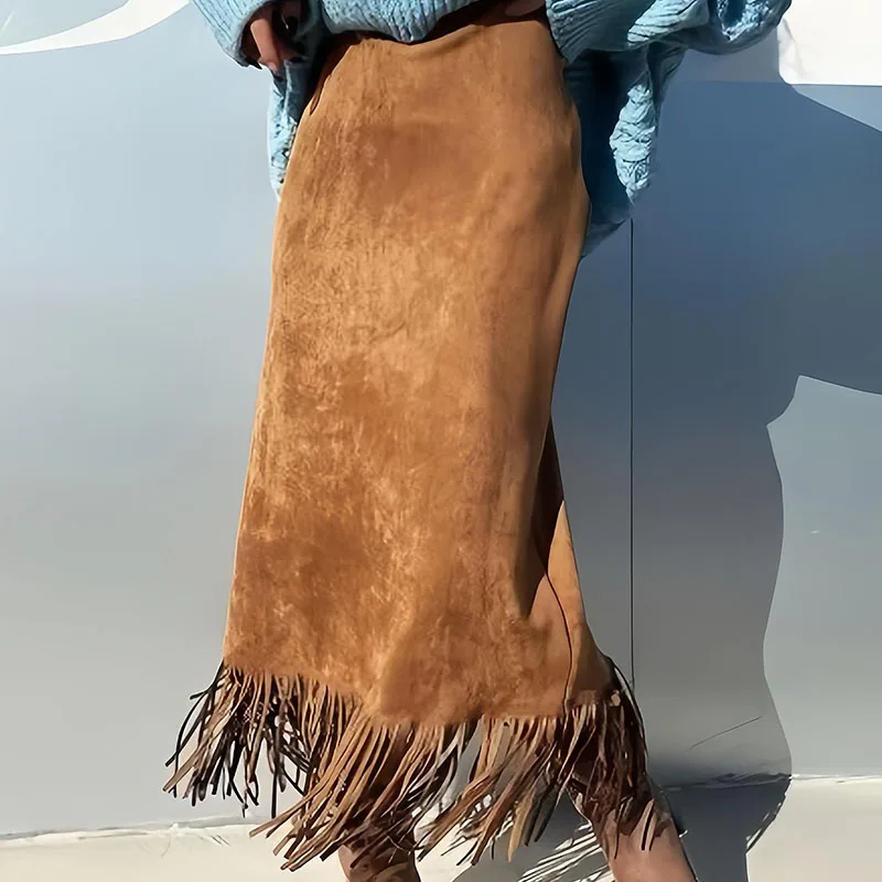 Vintage Clothes Solid Suede Tassel Skirt Woman Spring Fashion High Waist Slim Hips Skirt Autumn Fashion Sexy H-shaped Long Skirt