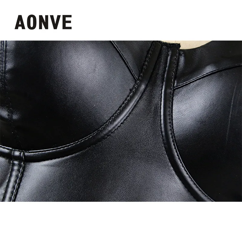 Aonve Women Summer Sexy Top PU Leather Festival Clothing Tops Bralette Cropped Top Female Punk Goth Clubwear Black Red Plus Size