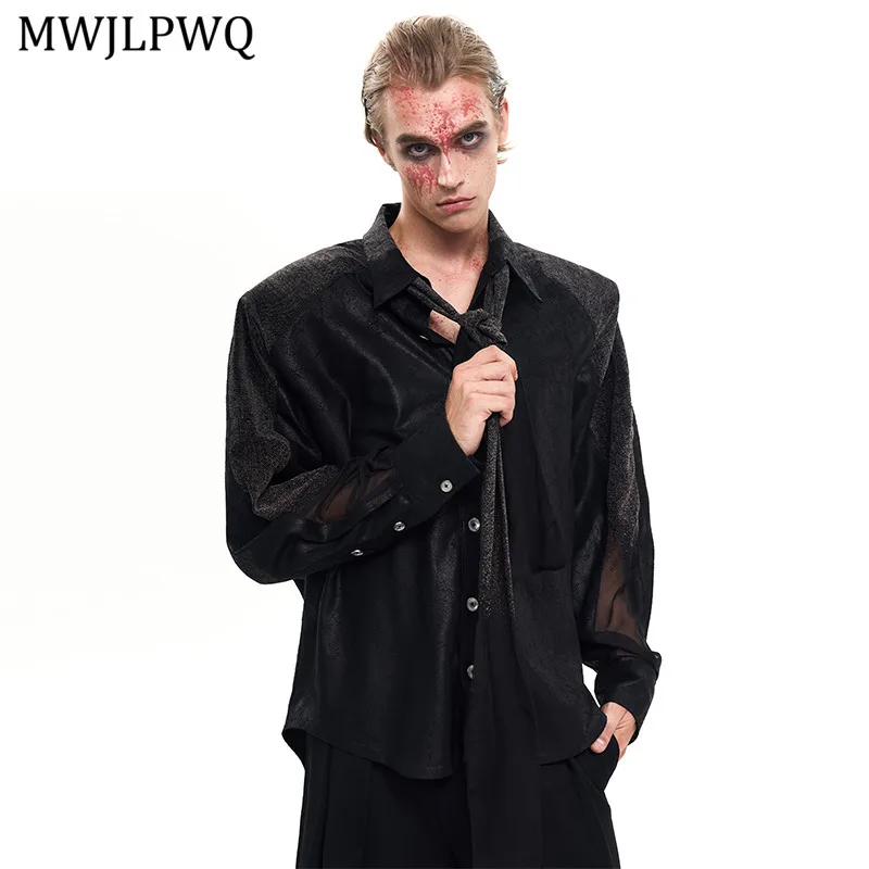 

MWJLPWQ High-end Black Long Sleeve Shirt High Street Lapel Single Breasted Flocked Mesh Shoulder Pad Autumn New Men's Tops 11315