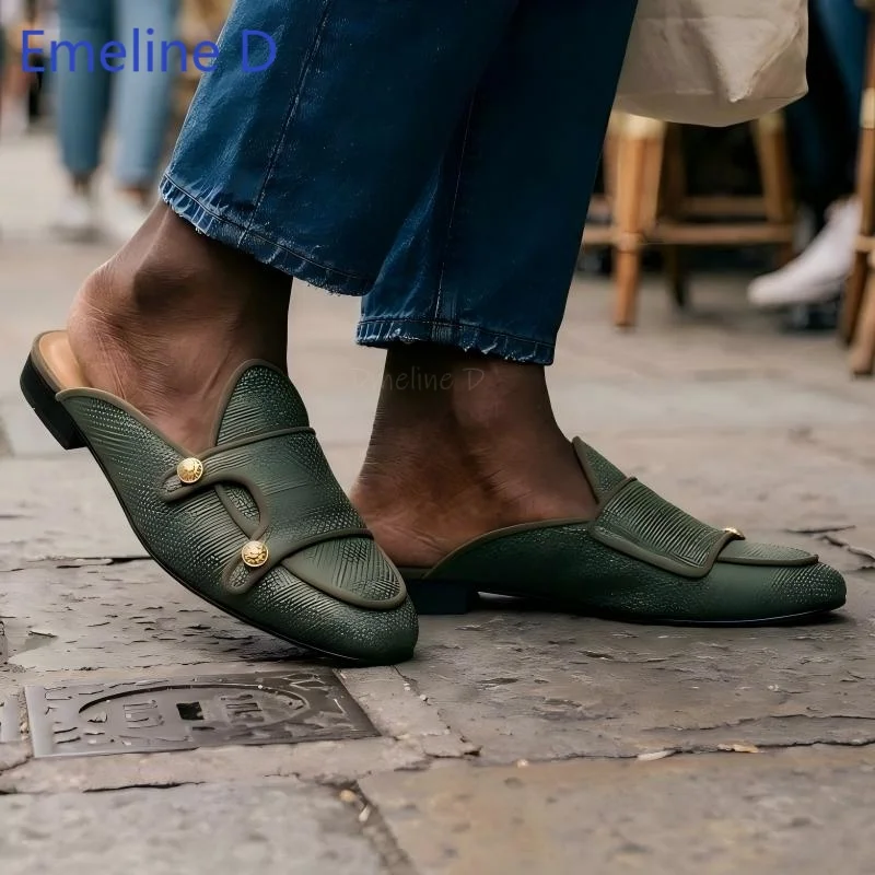 Woven Textile Backless Loafer Mules Metal Button Ornament Low Block Heel Breathable Open Heel Leisure Daily Outdoor flat shoes