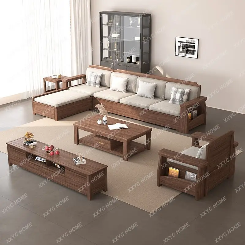 LChinese solid wood sofa combination light luxury living room black walnut furniture  sectional sofa