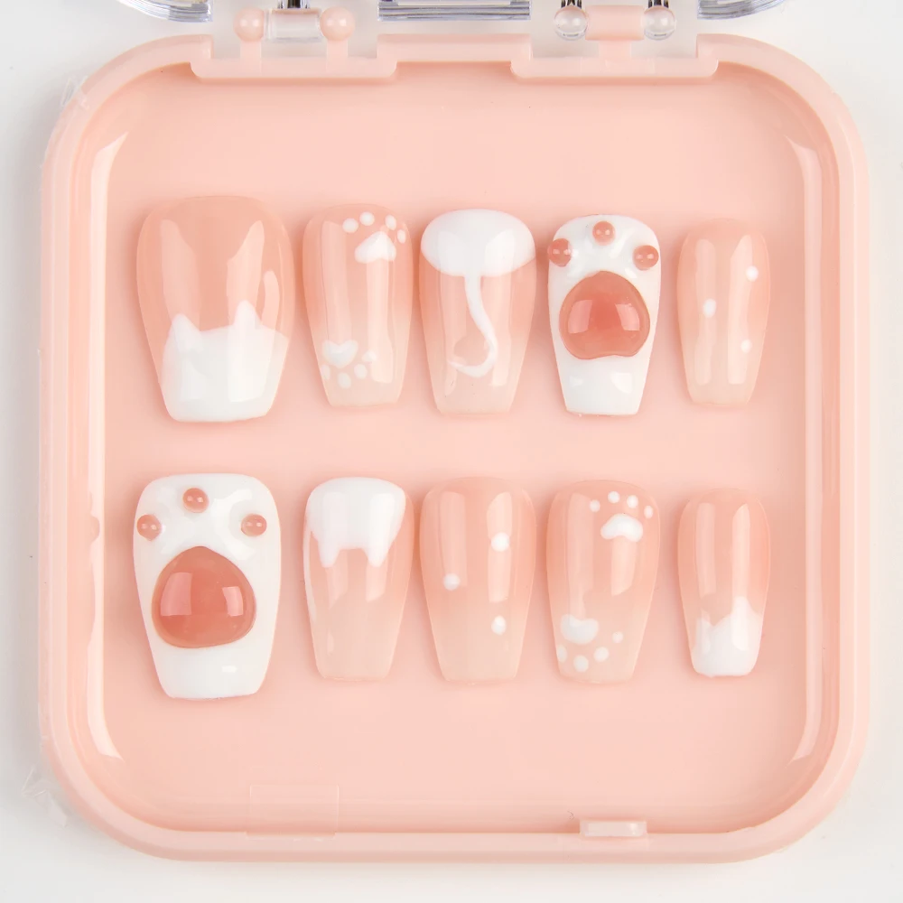 

10pcs Handmade Press on Nails Cartoon 3D Cat's Paw Cream French Full Coverage Nail Tips for Women&Girl Removable Wearable Nail