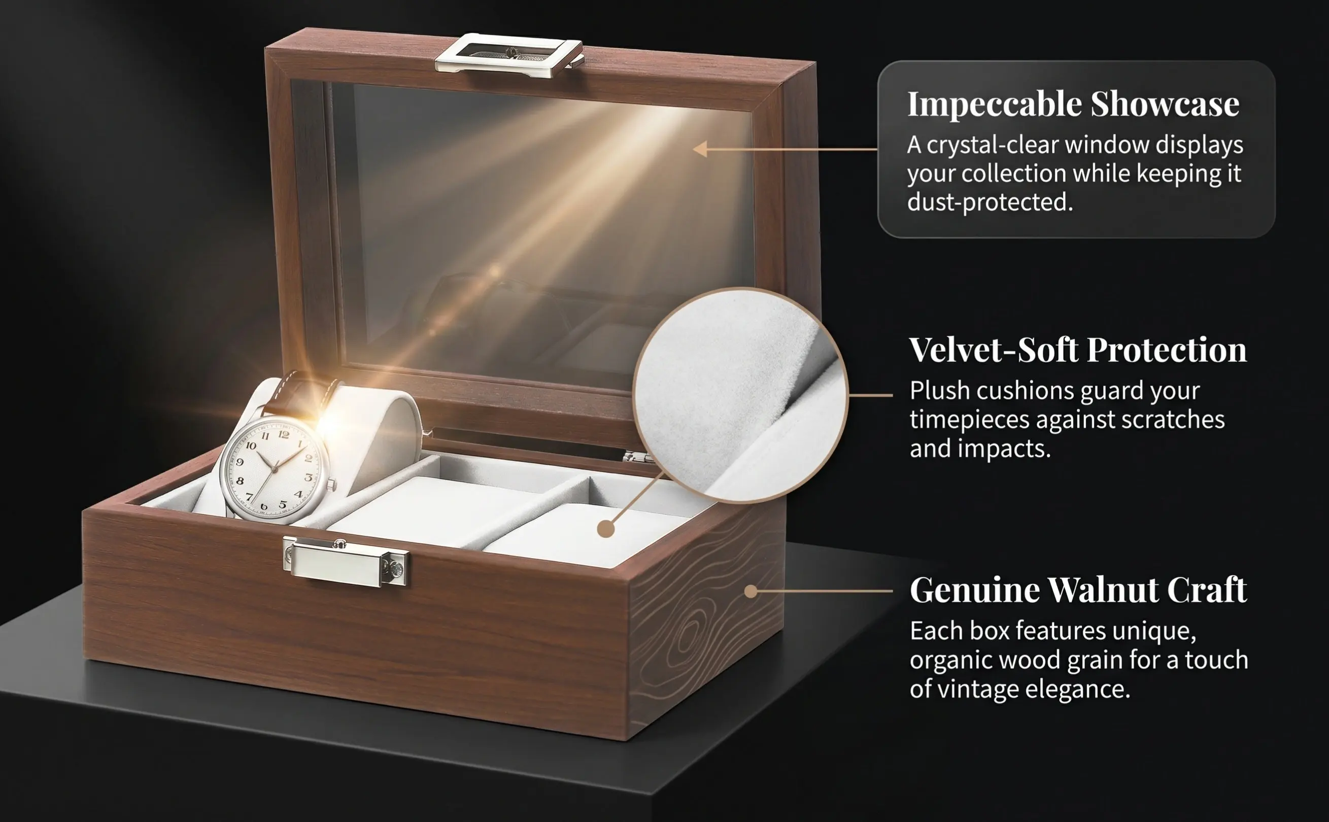 Walnut Wood Watch Display Box with Clear Acrylic Lid Lockable Storage Case for Men Vintage Style Desktop Organizer Jewelry