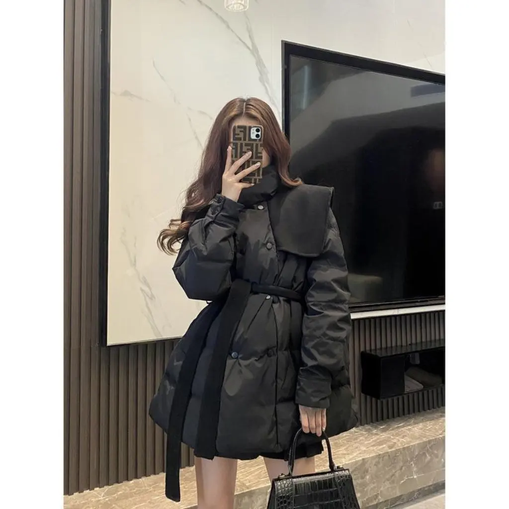 

Winter Black Cotton Coat for Women Korean Design Lightweight Medium Long Bread Suit New Style