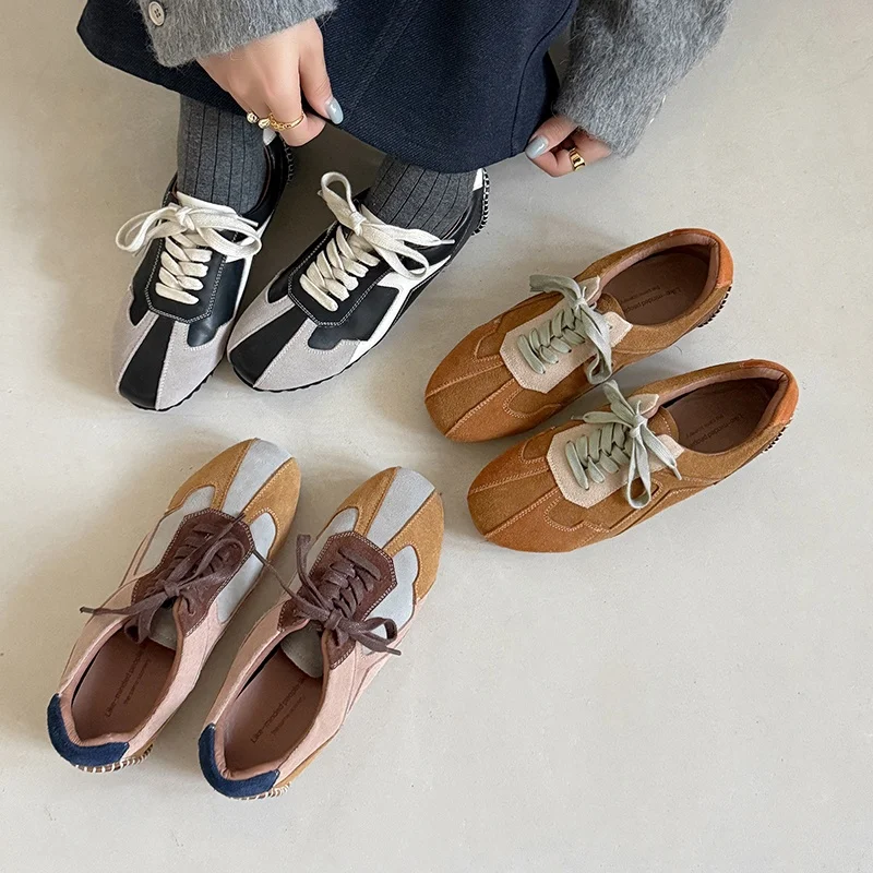 

Casual Sneakers Women Genuine Leather Color Block Lace Up Non-Slip Hidden Wedge Retro Fashion Versatile Shoes