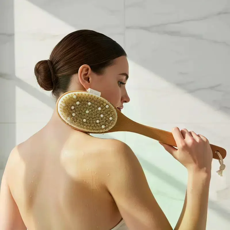 Wooden Long Handle Bath Brush Natural Boar Bristles Detachable Head Premium Gift for Family Friends Self Care Shower Accessory