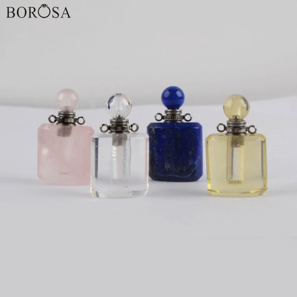 BOROSA 5Pcs Silver Plated Multi Kind Natural Stones Perfume Connector White Quartz Essential Oil Bottle for Women Jewelry Gifts