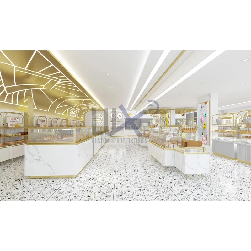 custom.Custom Luxury Bakery Showcase Elegant Retail Store Furniture Cake Bread Display Gold Winner POPAI Awards 3-Year