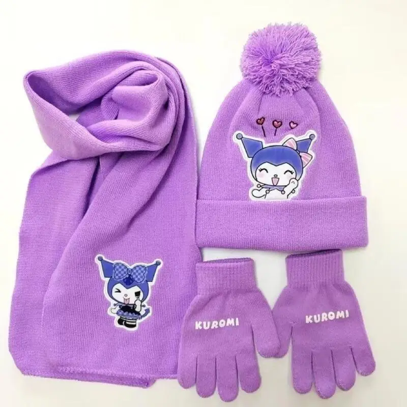 

Hot Kuromi Girl Cartoon Hat Scarf Glove Sets Sanrio Princess Kawaii Fashion Autumn Winter Outdoor Keep Warm Windproof 3Pcs New