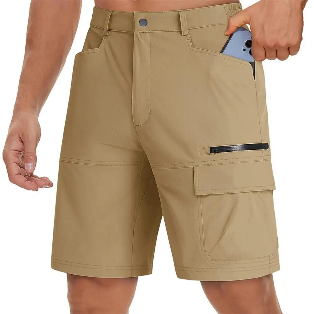 Men Athletic Cargo Shorts Multi-Pocket Design Outdoor Travel Shorts Pure Color Wide Leg Summer Casual Short Pants Quick-dry