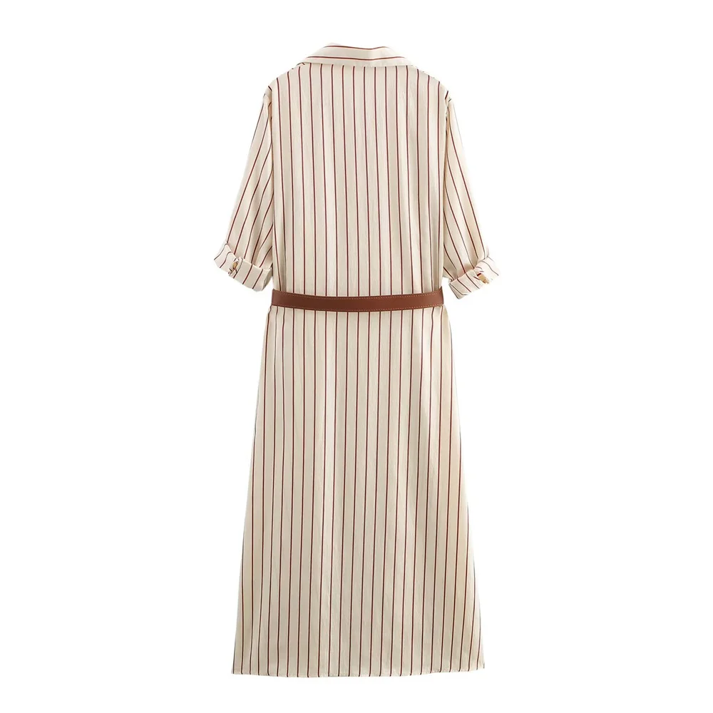 2025 BM&MD&ZA Women's Shirt Dress in Beige and Brown Stripes with Roll - up Sleeves Single Pocket and Stylish Brown Belt