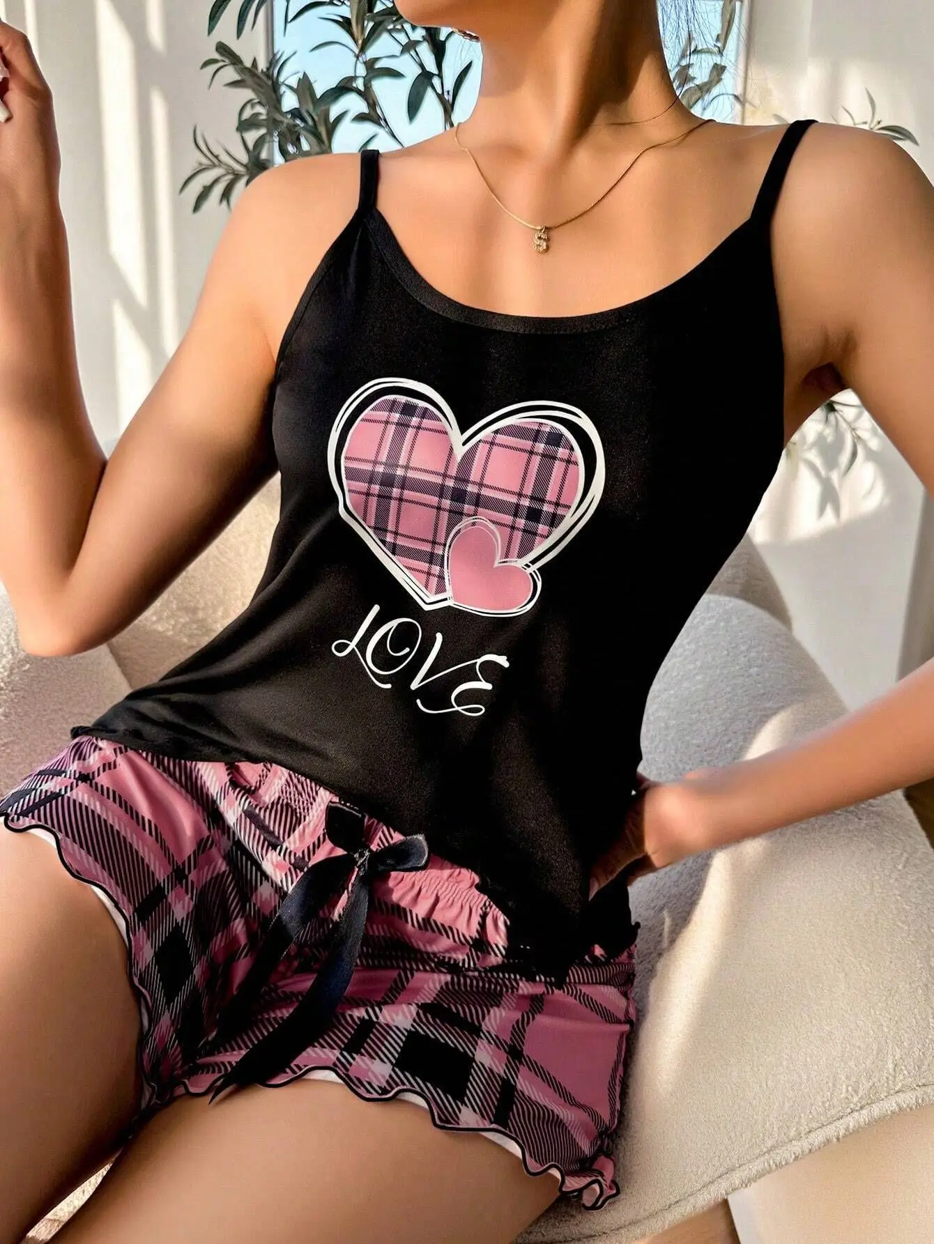 Frauen Sexy Hosenträger Shorts Dünne Pyjamas Brief Drucken Plaid Shorts Große Pyjamas Romantische Hause Tragen Sexy Nachtwäsche Kurze Pyjama – Detail 13
