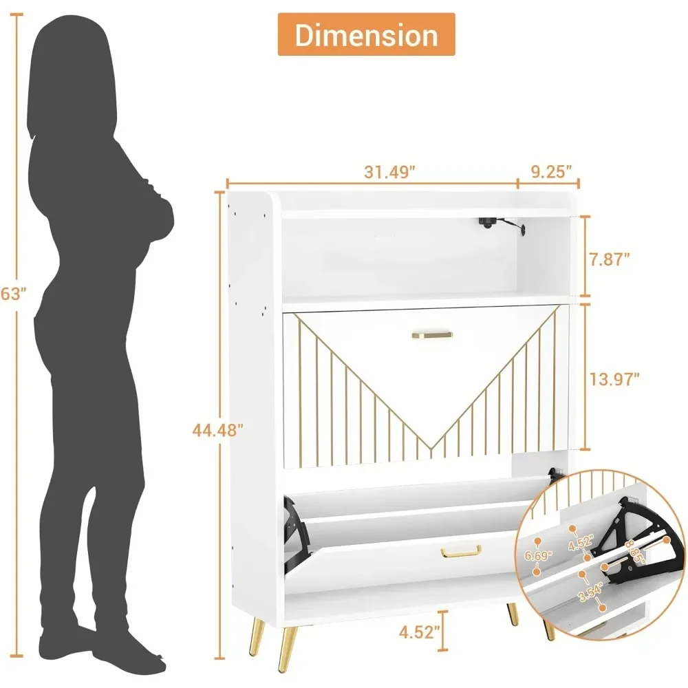 Flip Doors Shoe Cabinet com Sensor de Movimento, Shoes Rack, Prateleiras Abertas, Luz Led