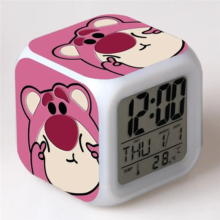 MINISO Disney Lotso Strawberry Bear Color Changing Colorful Alarm Clock Student Gift Best Birthday Gift for Children