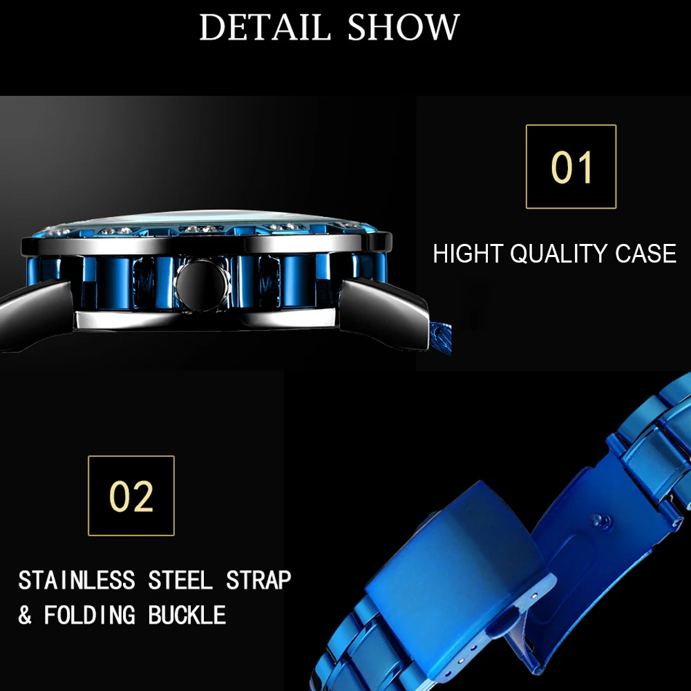 T-WINNER แฟชั่นลำลองบุรุษนาฬิกาโครงกระดูกกลไกตัวชี้ส่องสว่างแกะสลักหรูหราไรน์สโตนคูลสตีลแมนนาฬิกาข้อมือ