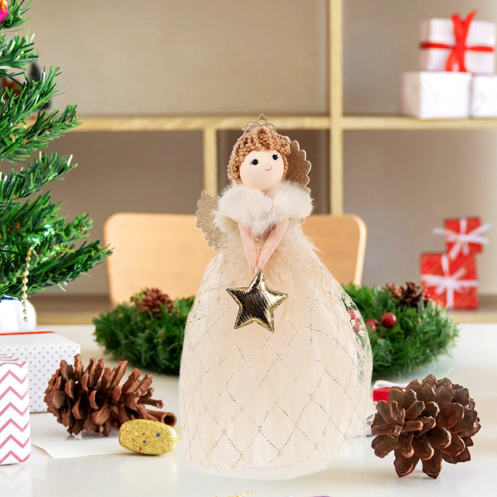 

Festive Angel Statue Decoration for Christmas Tree Topper Shelf Desktop Home Wedding Photo Prop Soft Fabric Crafted Hanging
