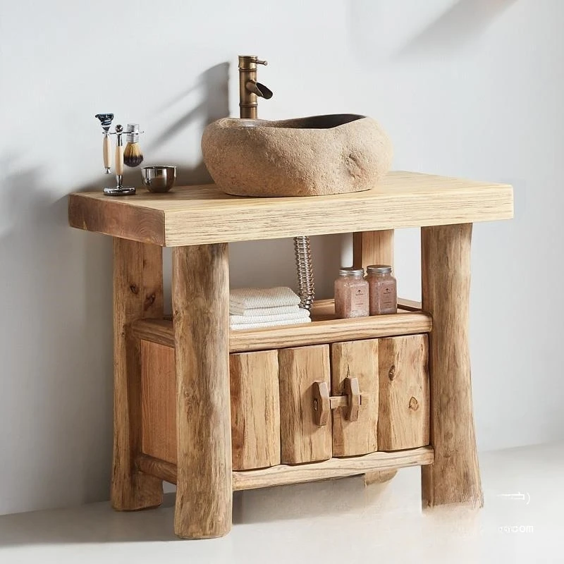 Rural pastoral retro nostalgic washbasin washbasin Solid wood camphor wood bathroom cabinet group No door panel