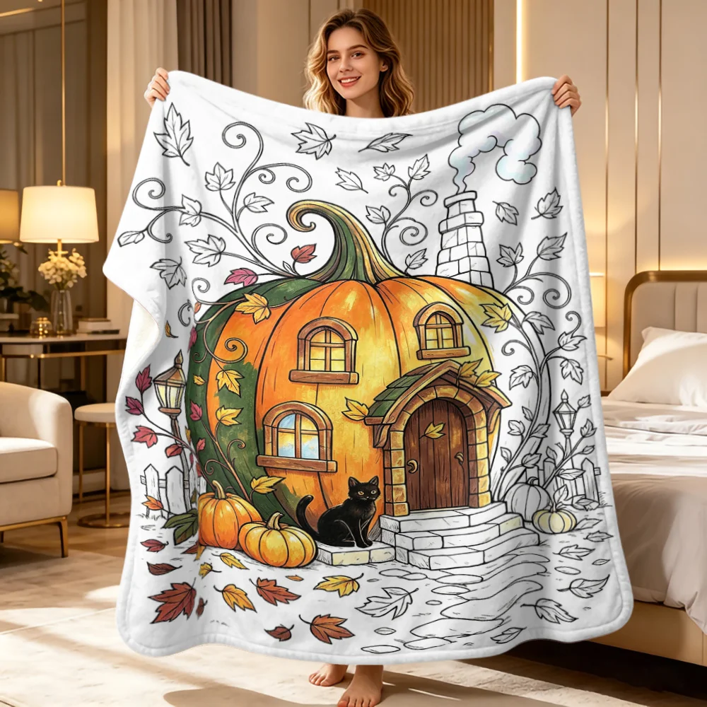 Hand Drawn Halloween Magic Book Pattern DIY blanket Cozy Flannel Blanket Creative Coloring Throw for Holiday Present