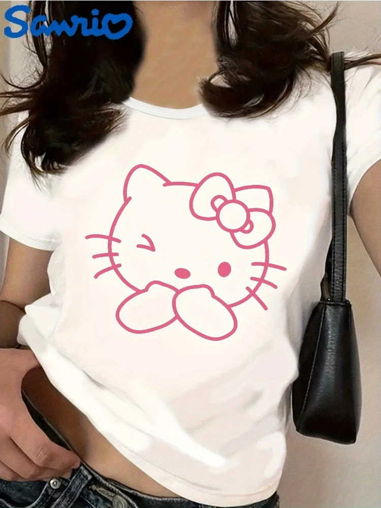 

Sanrio for Hello Kitty Women's Casual Short-Sleeve T-Shirt Black and Pink Pattern Print Crew Neck Fashionable Fun Top