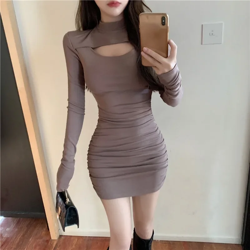 Vestido Halter de manga comprida feminino, Bodycon monocromático, quadril fino, roupas femininas, moda streetwear, primavera, outono, inverno, novo, 2024