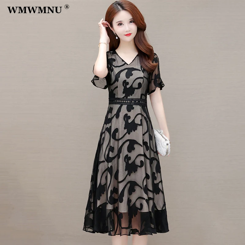 Vintage Print Hollow Mesh Casual Dress Women Korean Fashion Short Sleeve Mid-Length a-Line Party Dresses Vestidos Elegante Mujer