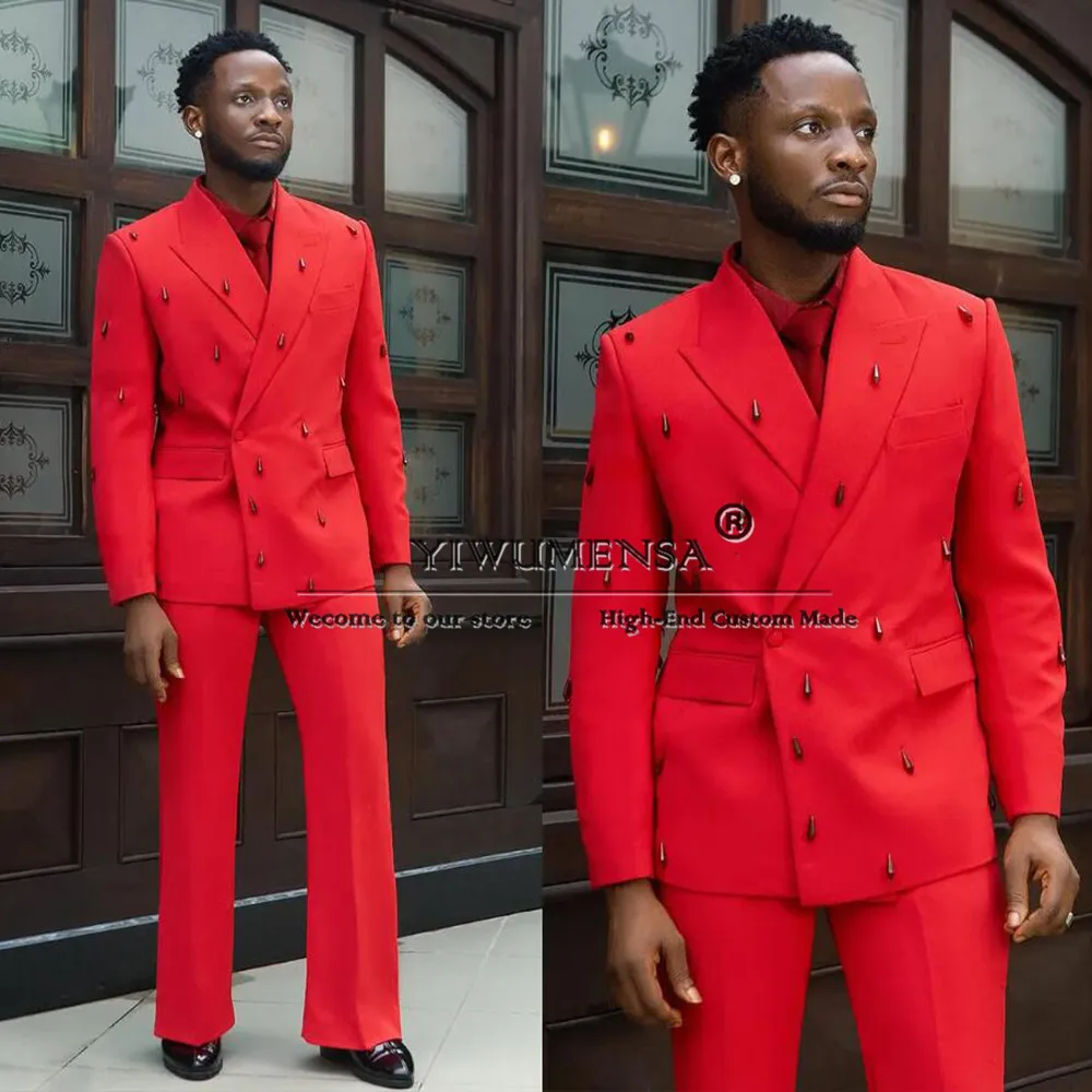

Red Man Wedding Suits Jewelry Double Breasted Jacket Pants 2 Pieces Set Groom Tuxedos Customized Man Banquet Party Clothing 2025
