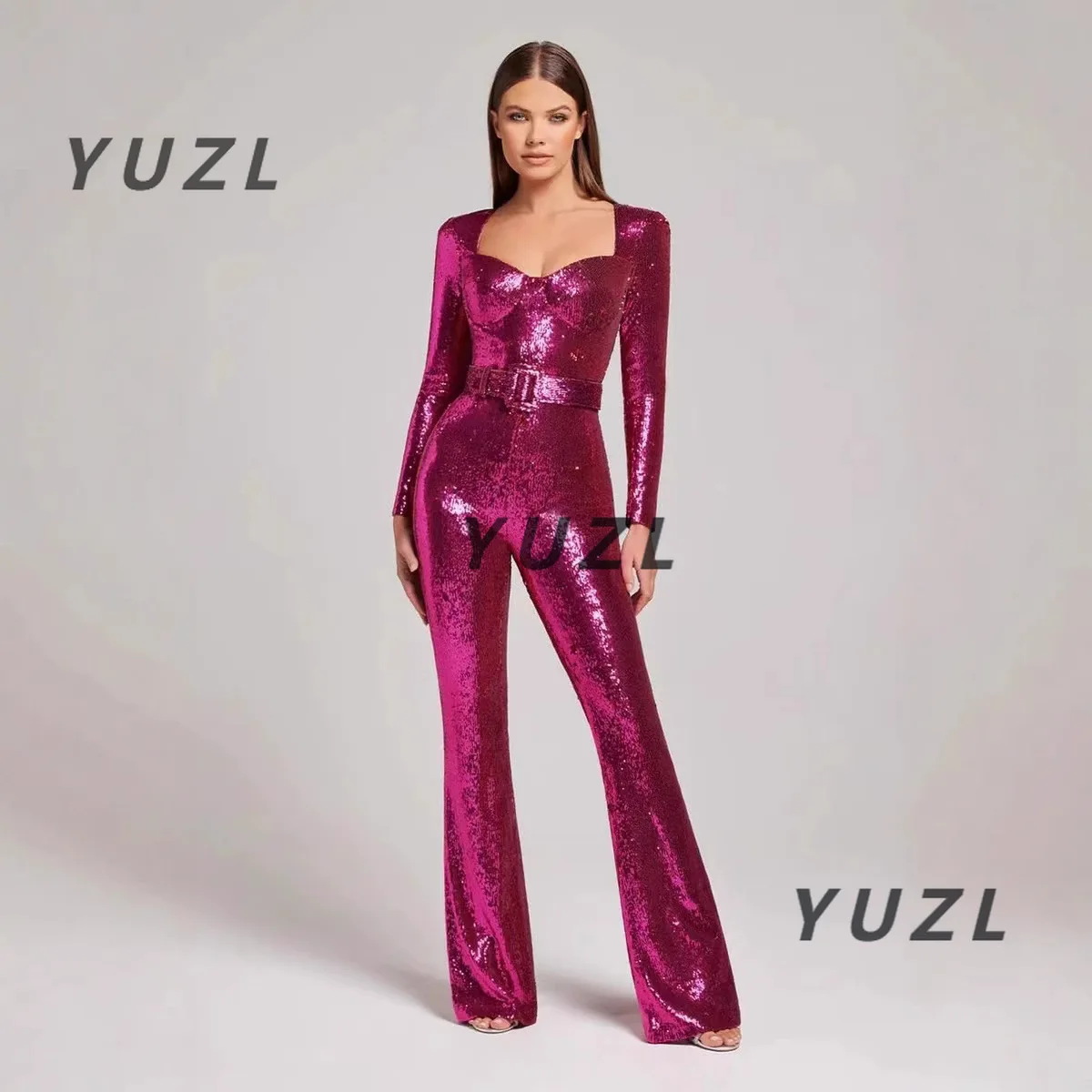 

Женский комбинезон с длинными рукавами и поясом для мытья полов, вечернее платье с блестками, модный костюм, комбинезон INS2025, новинка