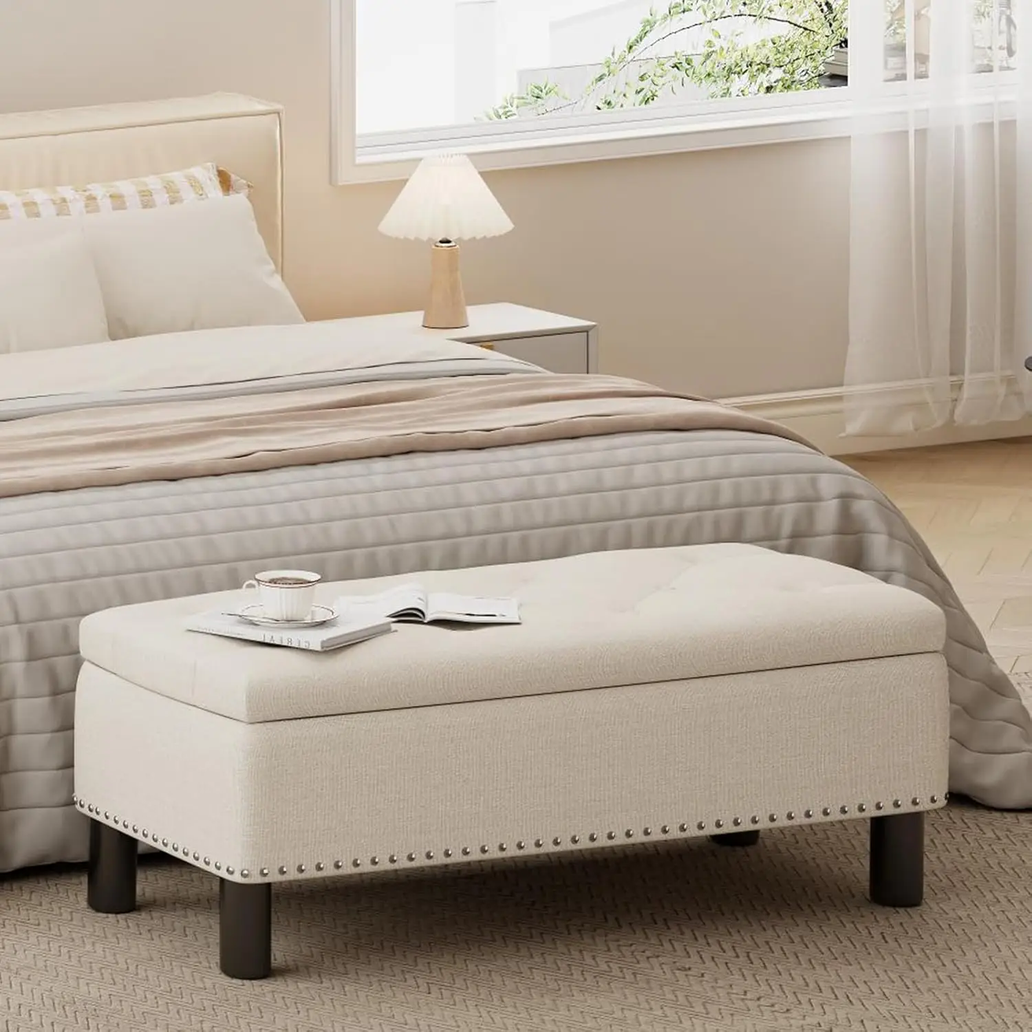 

Large Storage Ottoman, Beige, Wood Frame, Linen Fabric, 285 Lbs Capacity