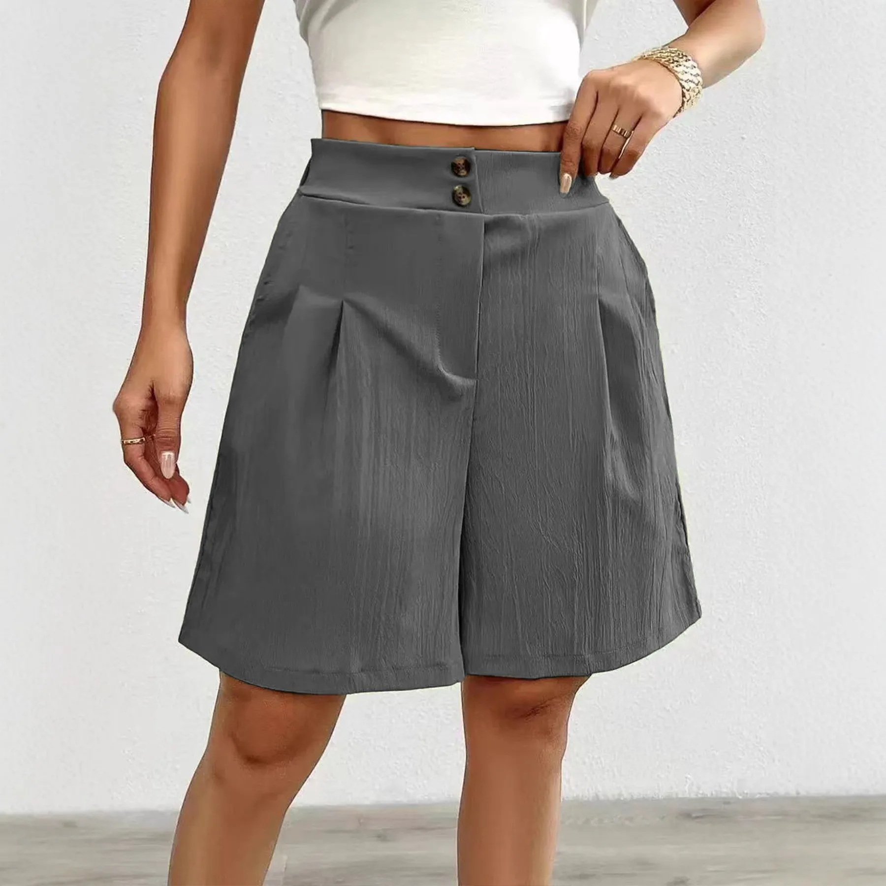 Loose Fit Casual Shorts High Waist Commuter Chic with Summer No Stretch Elegant Patchwork Regular Thickness Cropped Women Shorts