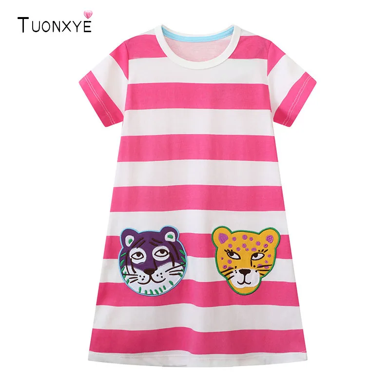 TUONXYE-Robe rayée en coton à manches courtes pour filles, broderie de dessin animé, tigre animal, robes pour enfants respirantes douces, été