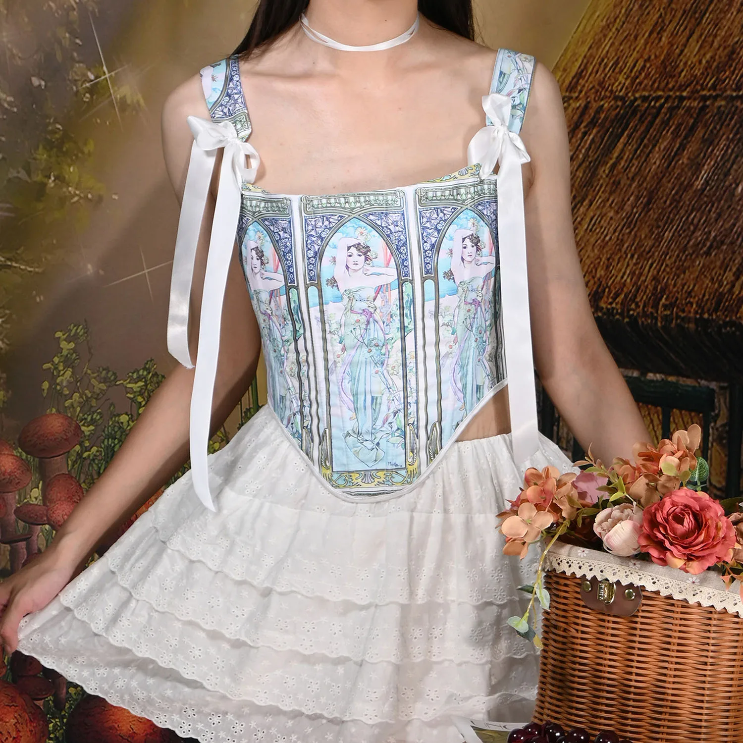 

Women's Blue Corset Vintage Print Court Style Beauty Double Back Vest Corset Top