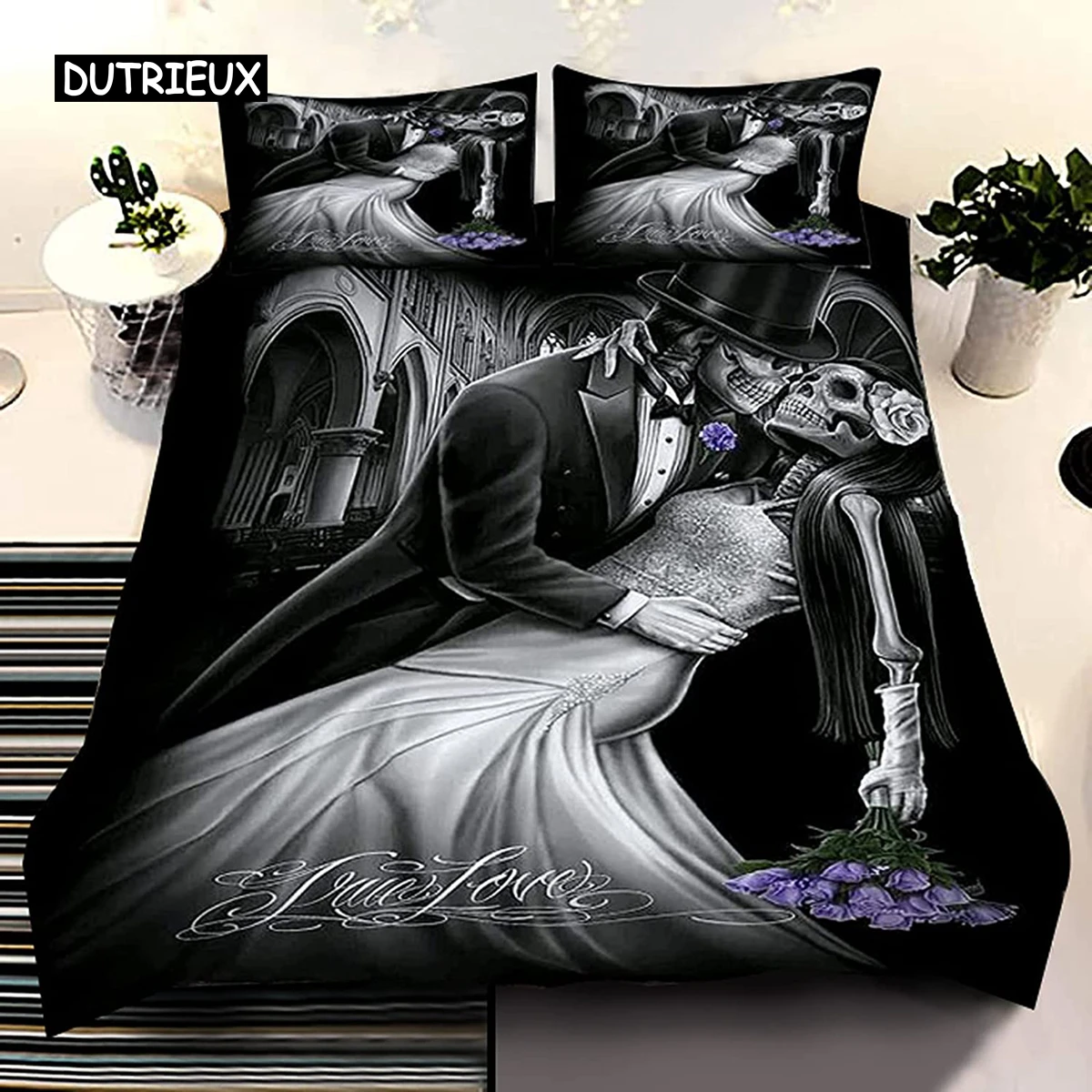 

Skull Duvet Cover Set Queen 3 Pcs Black Beauty Pattern Bedding Halloween Decor Comforter Cover Set,Soft Microfiber Bedding Set