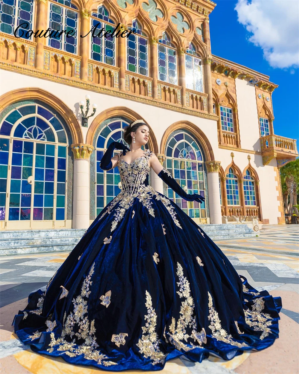 Cinderella Gold Buttterfly Off The Shoulder Royal Blue Velvet Quinceanera Dress Ball Gown 18th Birthday Debut vestido de charra