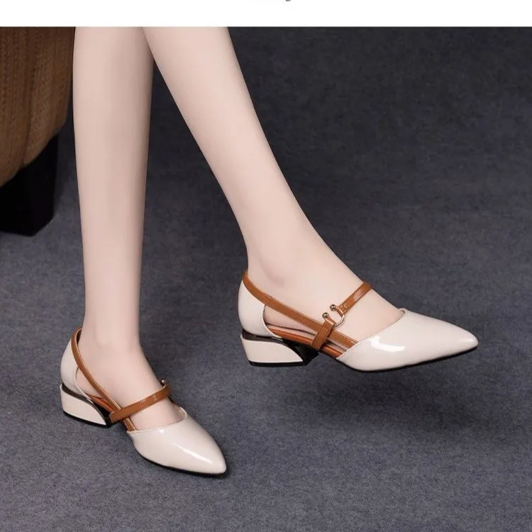 Baotou Sandals Women\'s Summer Low Heel Lacquer Leather 2023 New Thick Heel Pointed Shoes Single Shoes Soft Leather Women\'s Singl