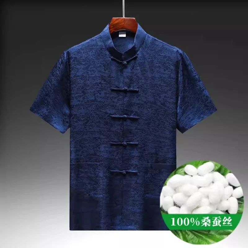 

Stand Collar Jacquard Frog Shirts For Men Mulberry Silk Icy Cool Summer Quality Tang Costume Big Pocket Luxury Camisas De Hombre