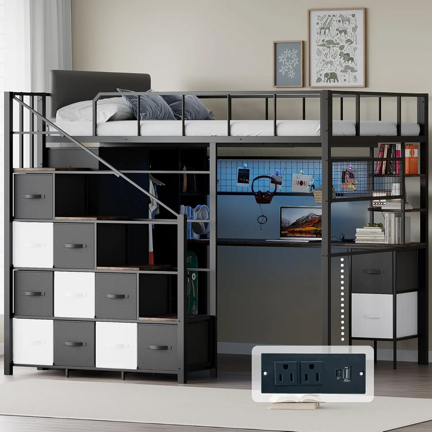 Loft Bed with Desk Stairs LED Gaming Frame Guardrail Charging Closet Drawers Space Saving, Customized