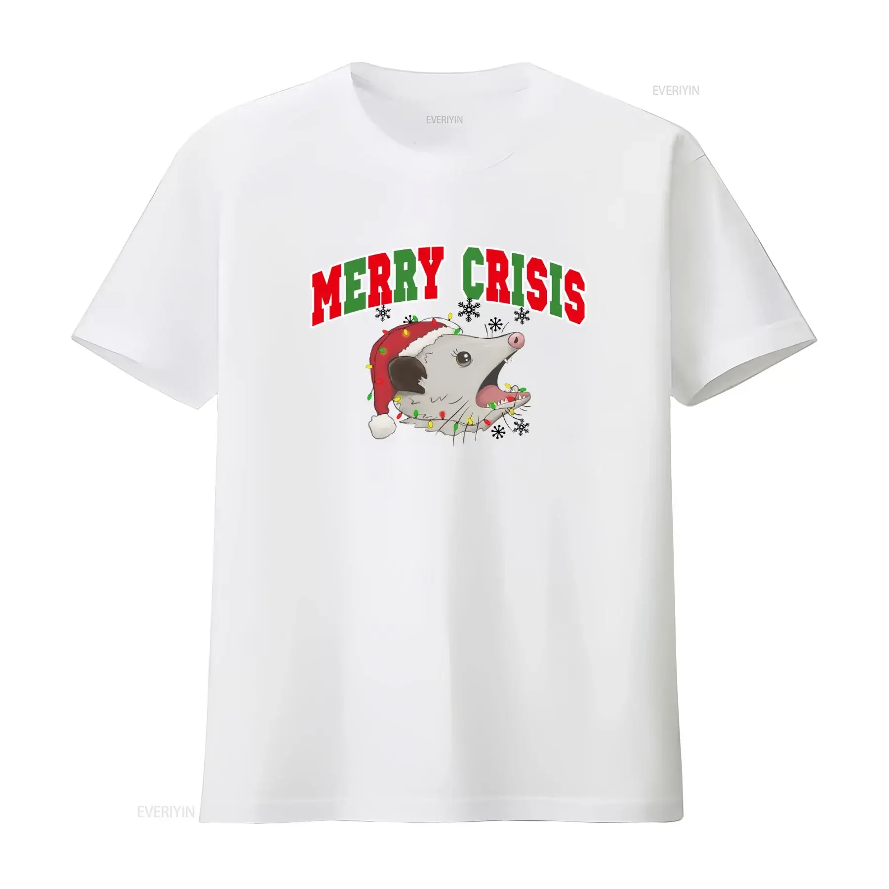 Merry Crisis Opossum Funny Christmas T Shirt Festive Design with Lights and Santa Hat vintage Washed streetwear fashion