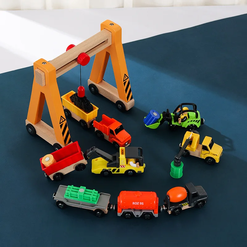 Juego de vía de tren de madera, coche magnético, grúa de juguete, trabajos de rescate, juguetes educativos para niños, carril de madera