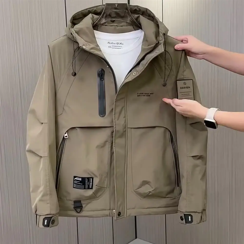 

Men's Autumn Winter Thiened Warm Windproof Jaet Casual Hooded Workwear Coat Trendy All-Match Polyester Fiber Zipper Closure