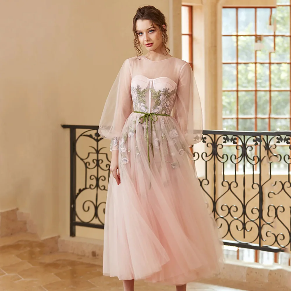 Customized Flowers Prom Dresses Lace Appliques Belt Tea-Length Evening Gowns Simple A-Line Scoop Neck Full Sleeves Puffy Tulle P