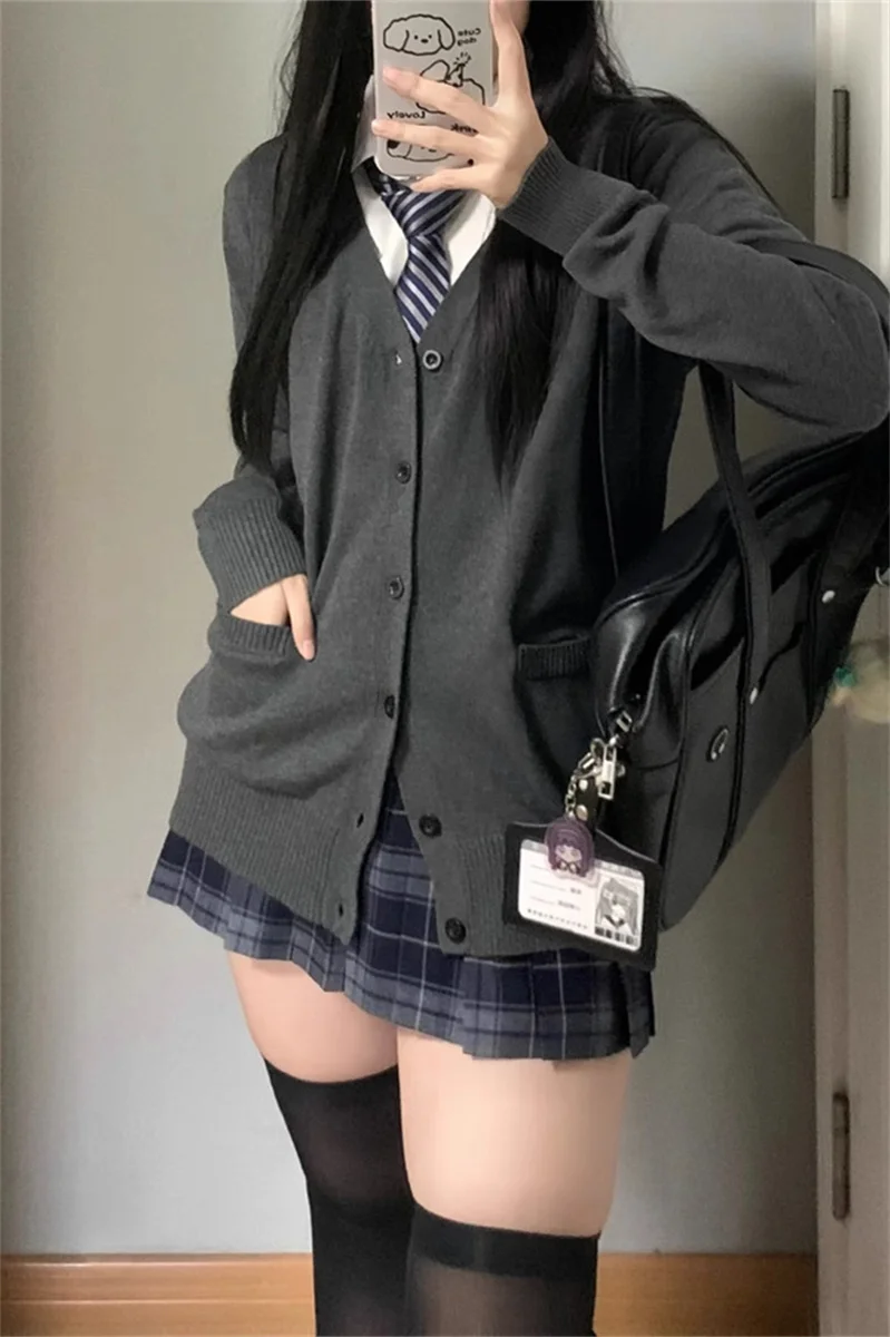 

Korean Japanese Fashion V Neck Cardigan Women 2025 Uniform Sweater Loose Long Sleeve Knitwear Jacket Coat Tops