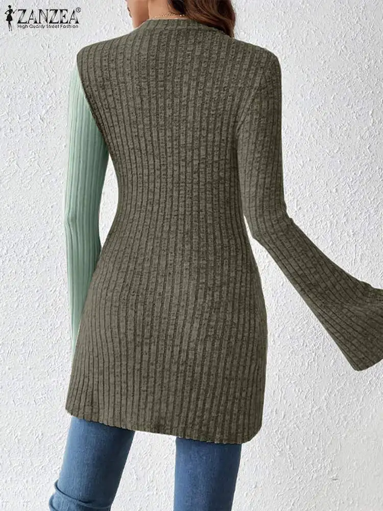 2024 ZANZEA Autumn Split Hem Blouse Women Ribbed Slim Fit Tops Fashion Shirt Casual Long Sleeve Patchwork Knitted Blusas Mujer