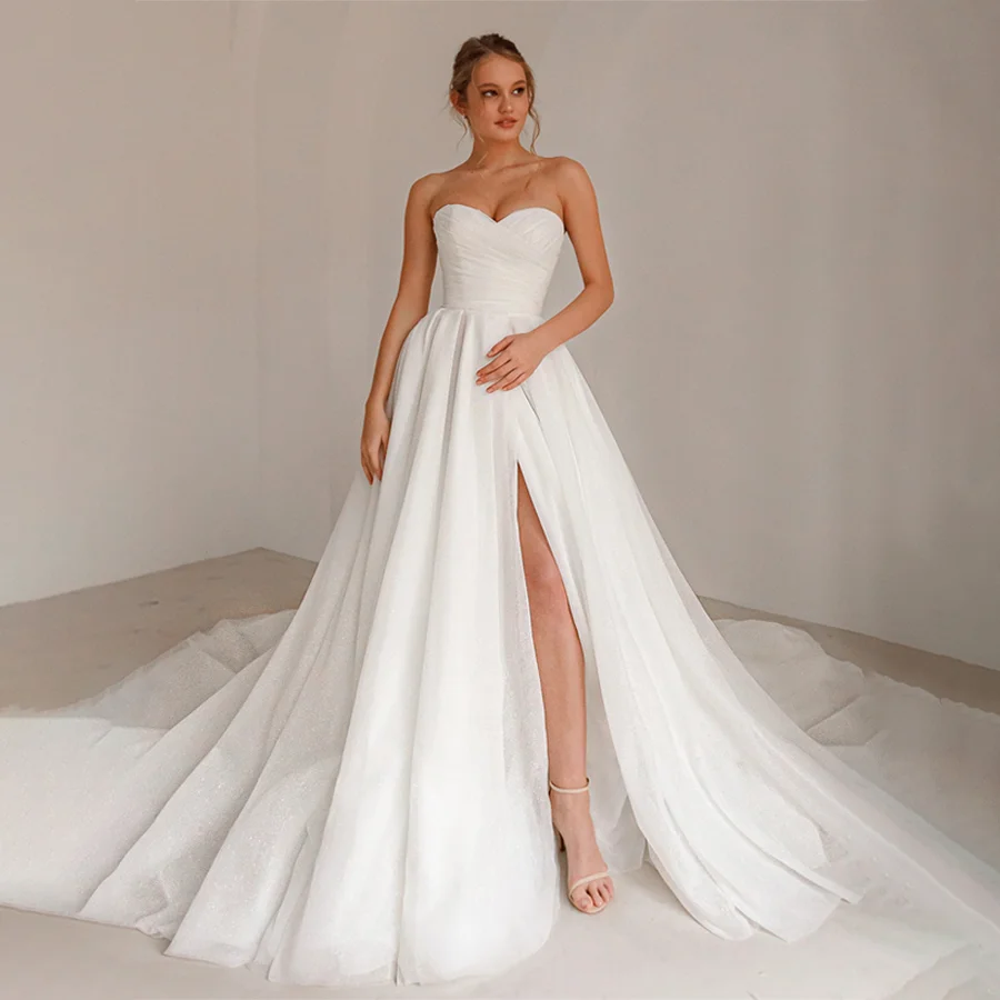 

Sweetheart Front Split Sleeveless Glitter Wedding Dresses Backless Zipper And Huge Removable Bow Evening Gowns