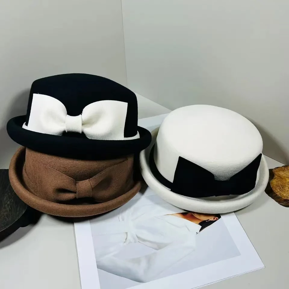 

Элегантная зимняя фетровая шапка с галстуком-бабочкой, женская универсальная теплая шапка-чаша, маленький ароматный стиль, уютный рулонный край, шерстяной материал