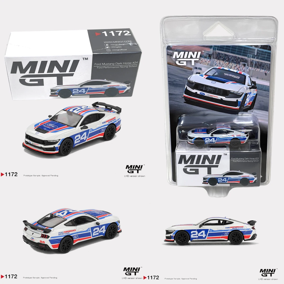 Ford Mustang MGT01172 in Stock 1:64 Dark Horse #24 Ford Performance Racing School Livery LHD Diecast Model Car MINI GT