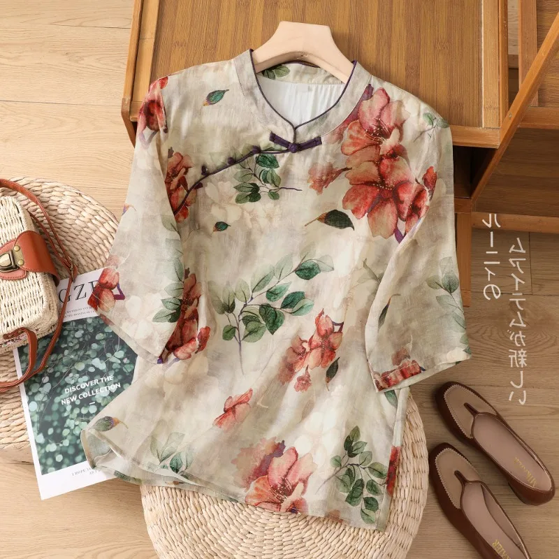 Miiiix Fashion Printed Cheongsam Top 2024 Women's Summer New Chinese Cotton Linen Round Neck Shirt Top Female Clothing