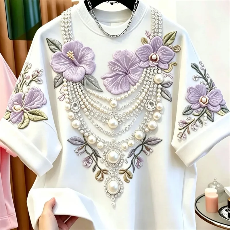 

High-end Bead Flower Embroidery Loose Short Sleeved T-shirt 2026 Summer New Lazy Style Casual Top Men's and Women's Clothing