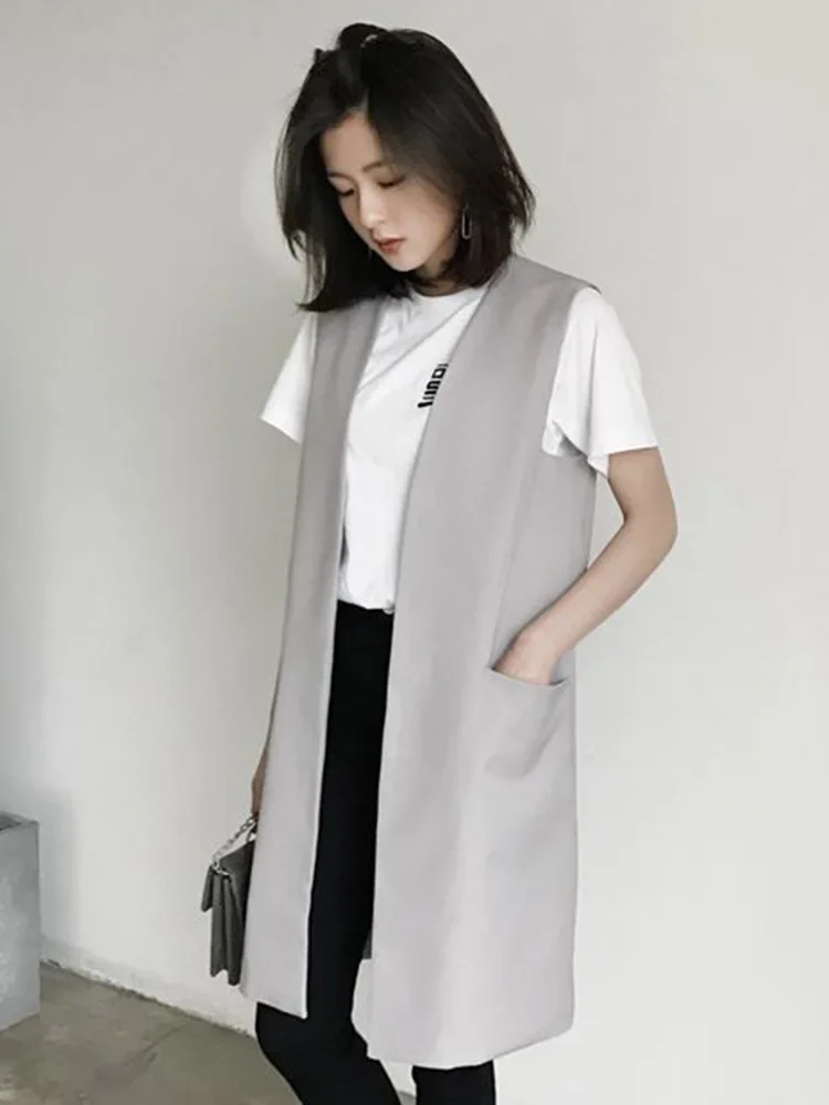 

Autumn Long Waistcoat Women Oversize Fashion Pocket Blazer Vest Spring Casual Black Outwear ED2016